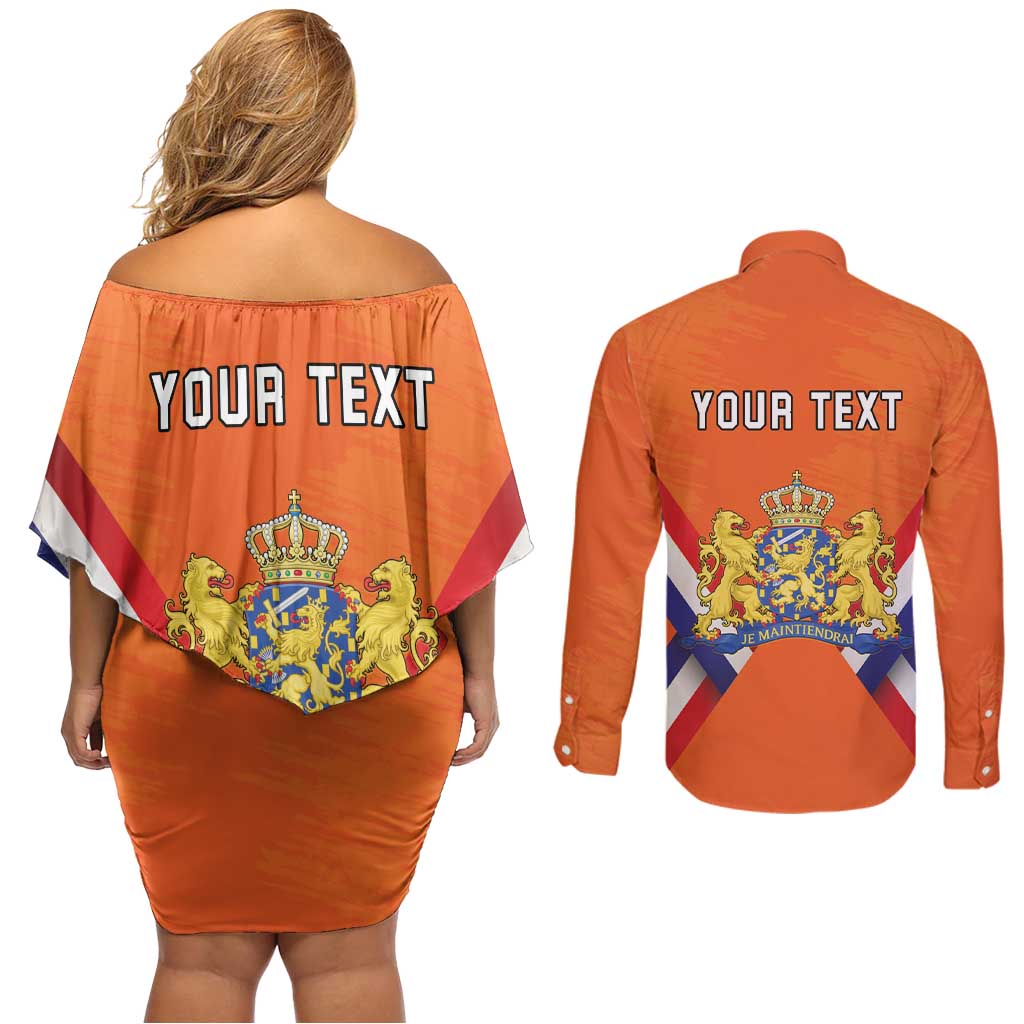 Personalized Netherlands King's Day Couples Matching Off Shoulder Short Dress and Long Sleeve Button Shirt Koningsdag Lion King With Crown