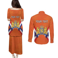 Personalized Netherlands King's Day Couples Matching Puletasi and Long Sleeve Button Shirt Koningsdag Lion King With Crown