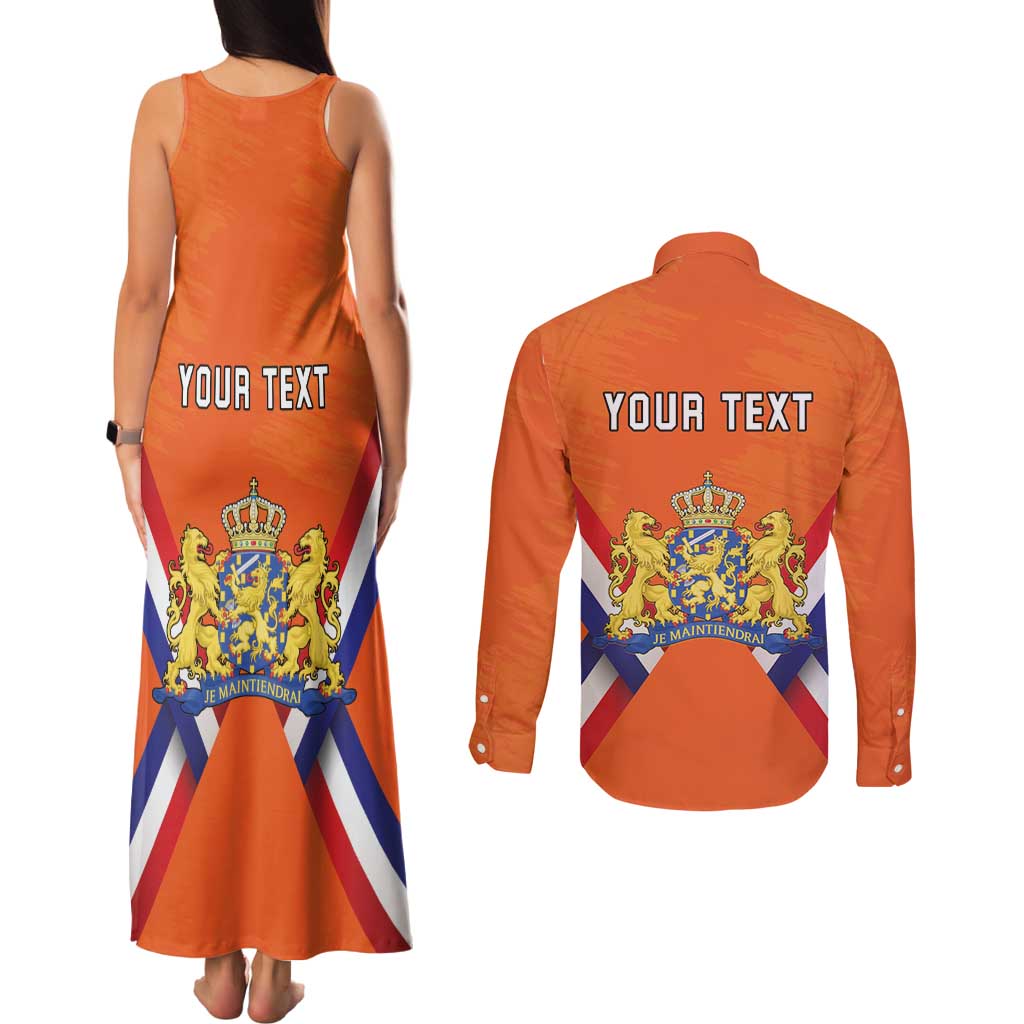 Personalized Netherlands King's Day Couples Matching Tank Maxi Dress and Long Sleeve Button Shirt Koningsdag Lion King With Crown