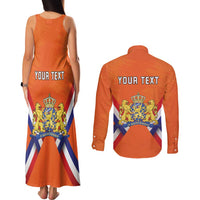 Personalized Netherlands King's Day Couples Matching Tank Maxi Dress and Long Sleeve Button Shirt Koningsdag Lion King With Crown
