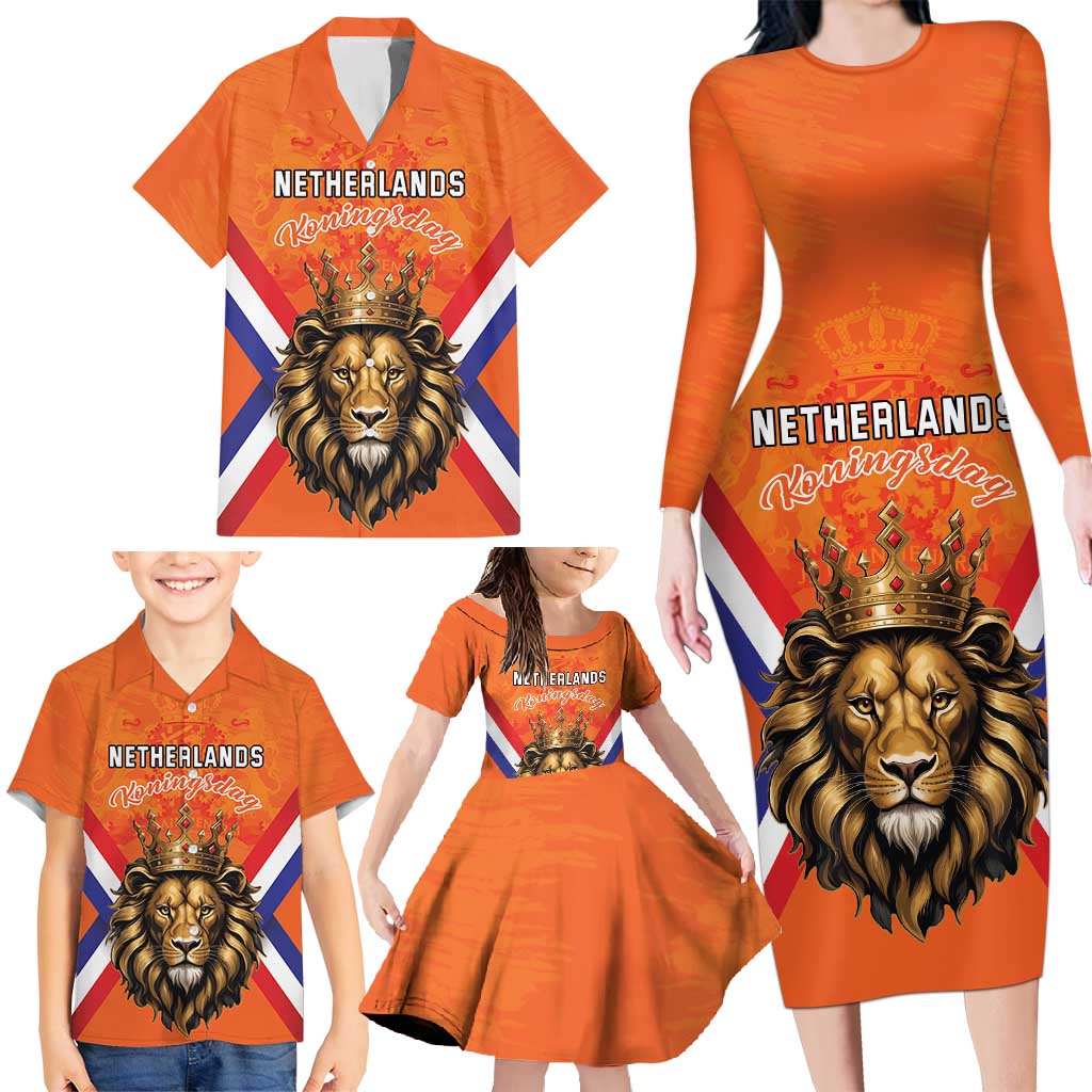 Personalized Netherlands King's Day Family Matching Long Sleeve Bodycon Dress and Hawaiian Shirt Koningsdag Lion King With Crown