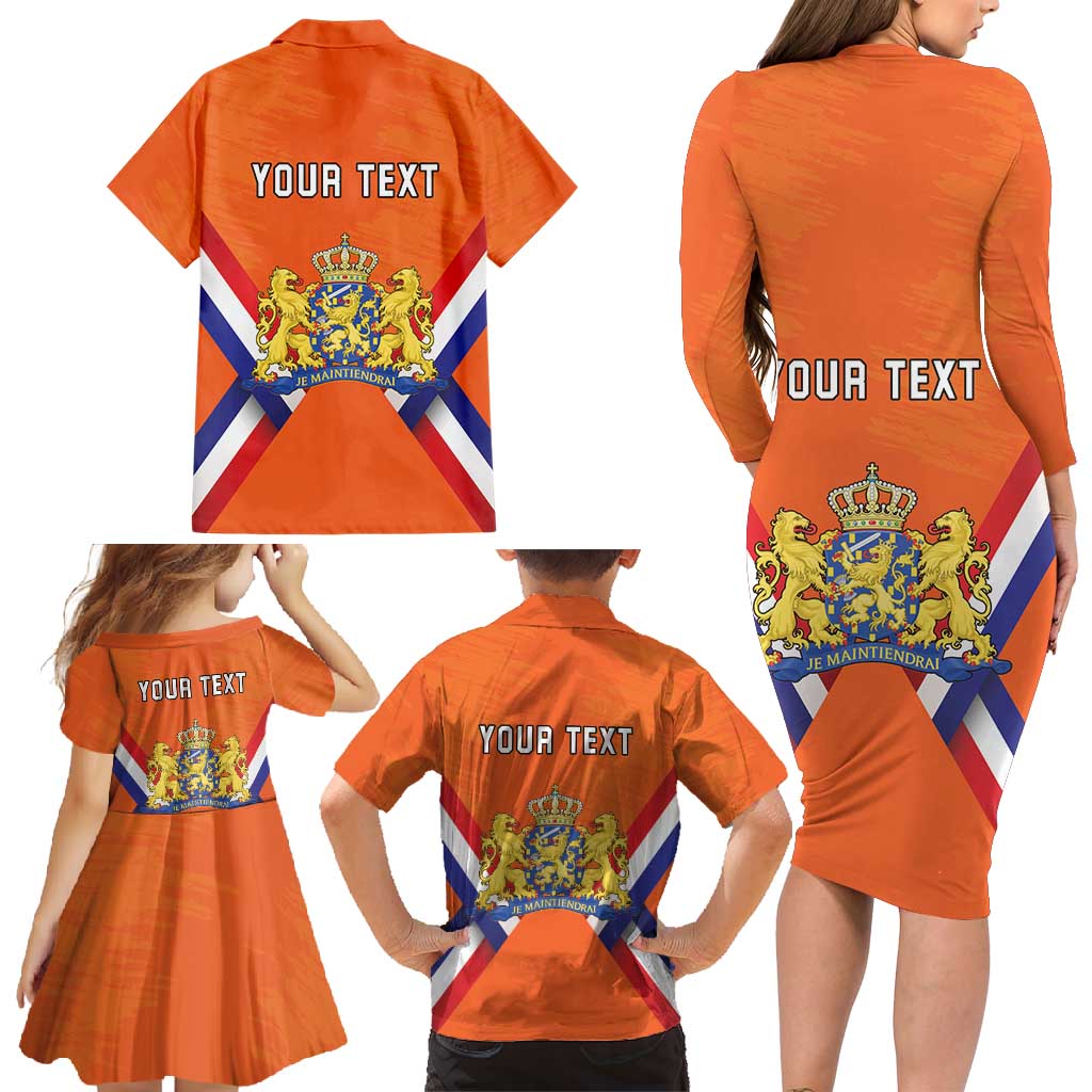 Personalized Netherlands King's Day Family Matching Long Sleeve Bodycon Dress and Hawaiian Shirt Koningsdag Lion King With Crown