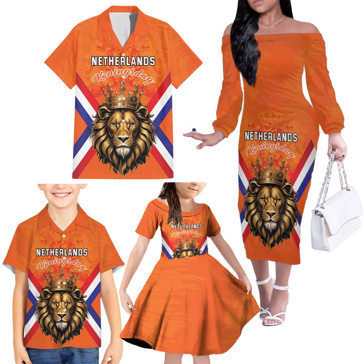Personalized Netherlands King's Day Family Matching Off The Shoulder Long Sleeve Dress and Hawaiian Shirt Koningsdag Lion King With Crown