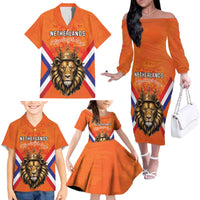 Personalized Netherlands King's Day Family Matching Off The Shoulder Long Sleeve Dress and Hawaiian Shirt Koningsdag Lion King With Crown