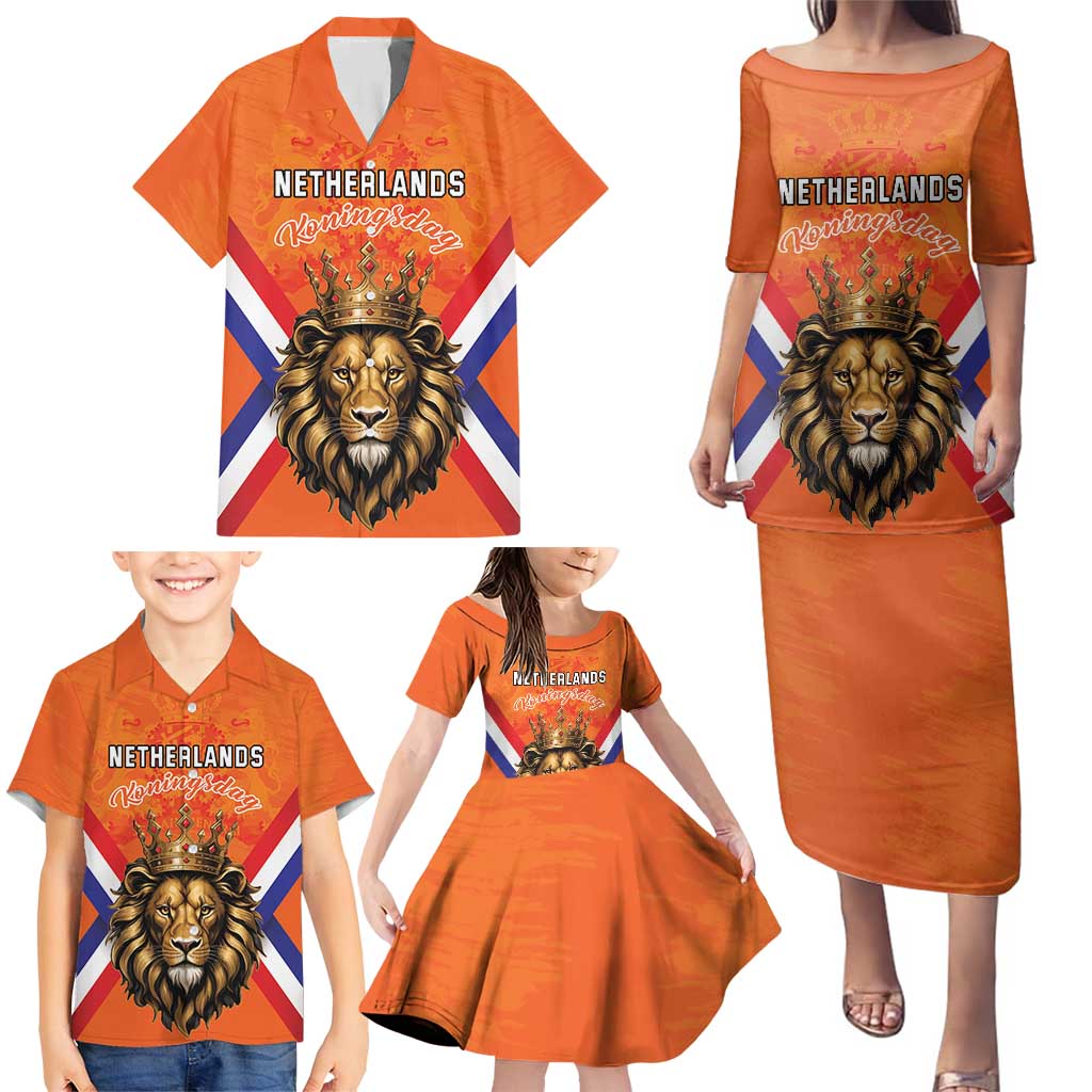 Personalized Netherlands King's Day Family Matching Puletasi and Hawaiian Shirt Koningsdag Lion King With Crown