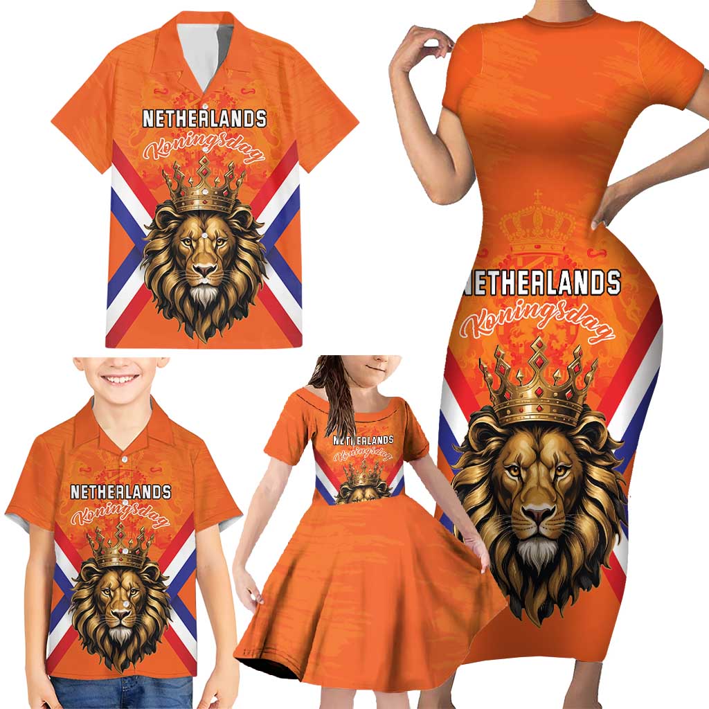 Personalized Netherlands King's Day Family Matching Short Sleeve Bodycon Dress and Hawaiian Shirt Koningsdag Lion King With Crown