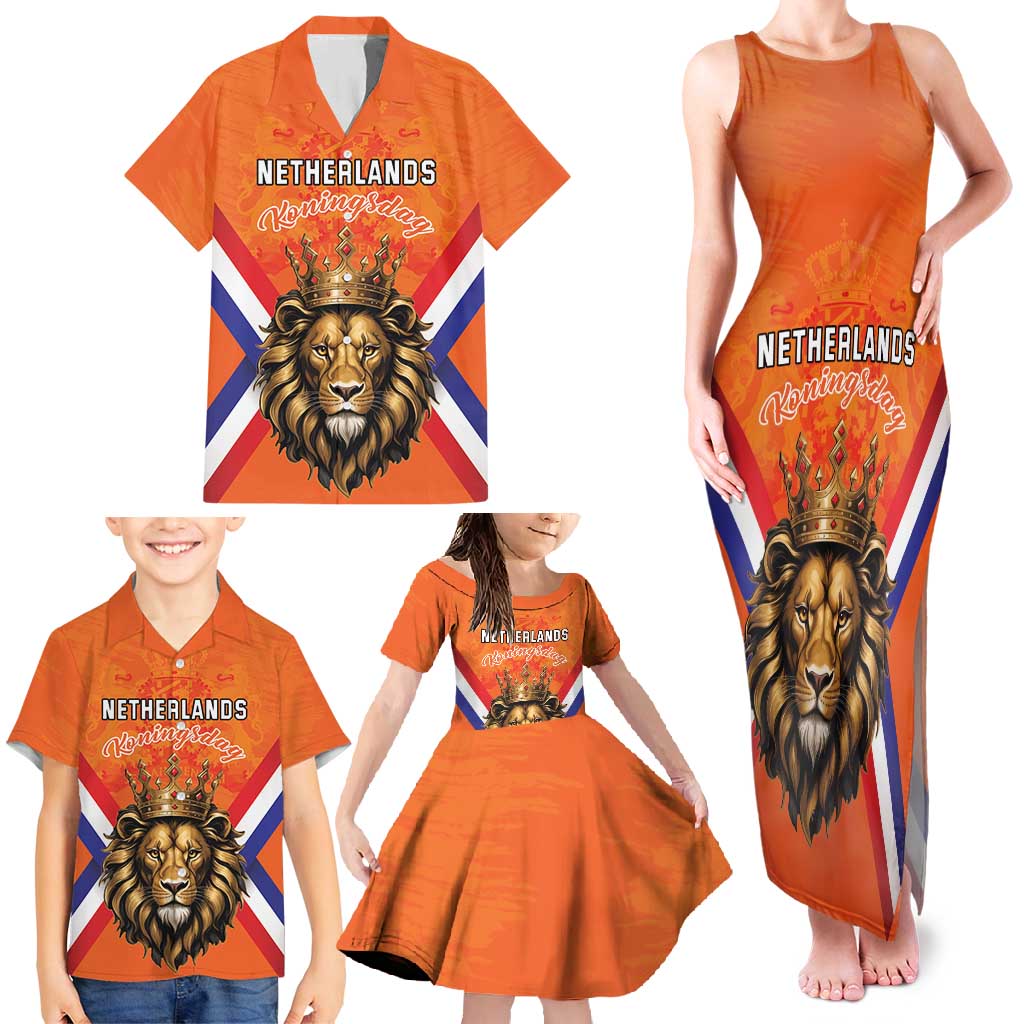 Personalized Netherlands King's Day Family Matching Tank Maxi Dress and Hawaiian Shirt Koningsdag Lion King With Crown