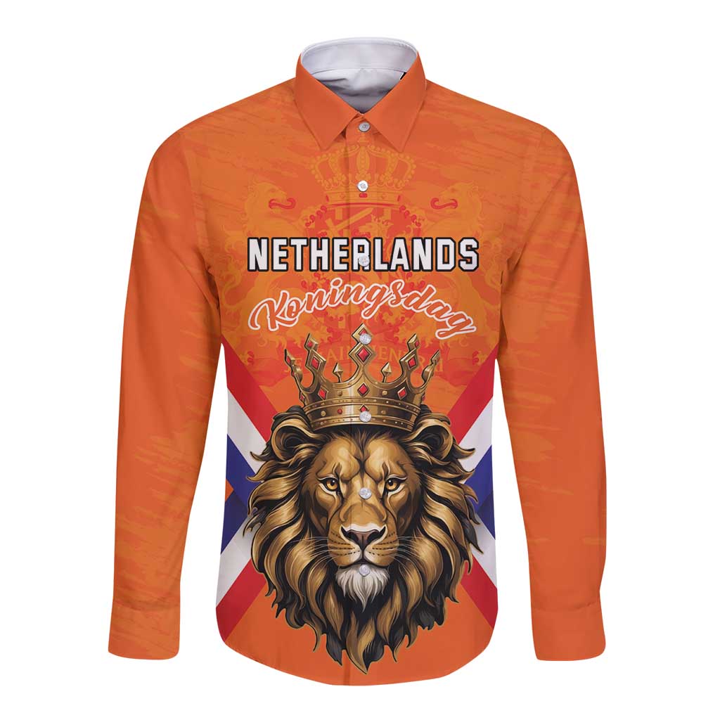 Personalized Netherlands King's Day Long Sleeve Button Shirt Koningsdag Lion King With Crown
