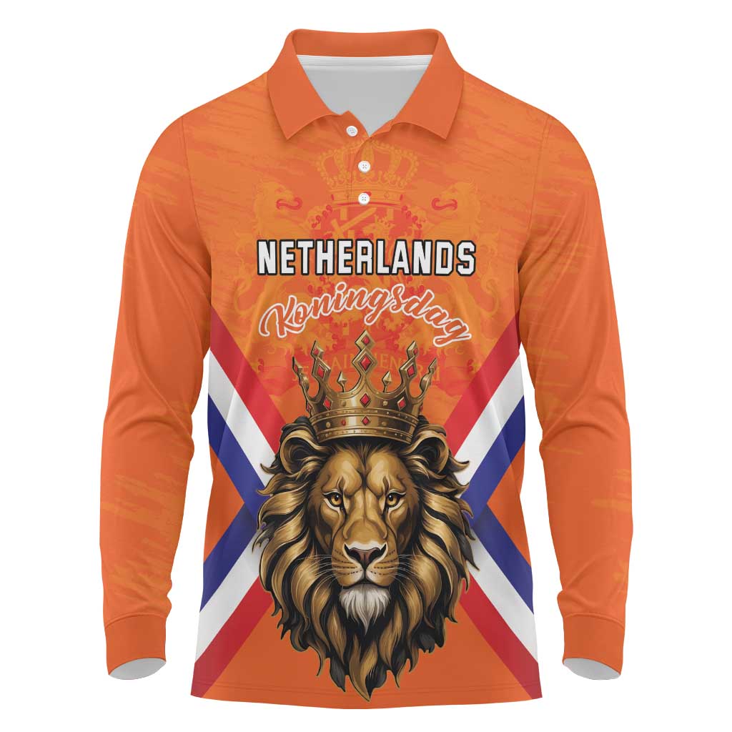 Personalized Netherlands King's Day Long Sleeve Polo Shirt Koningsdag Lion King With Crown
