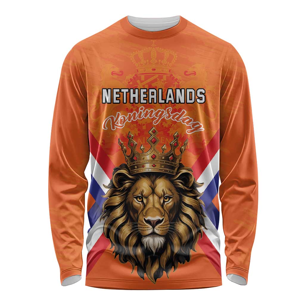 Personalized Netherlands King's Day Long Sleeve Shirt Koningsdag Lion King With Crown