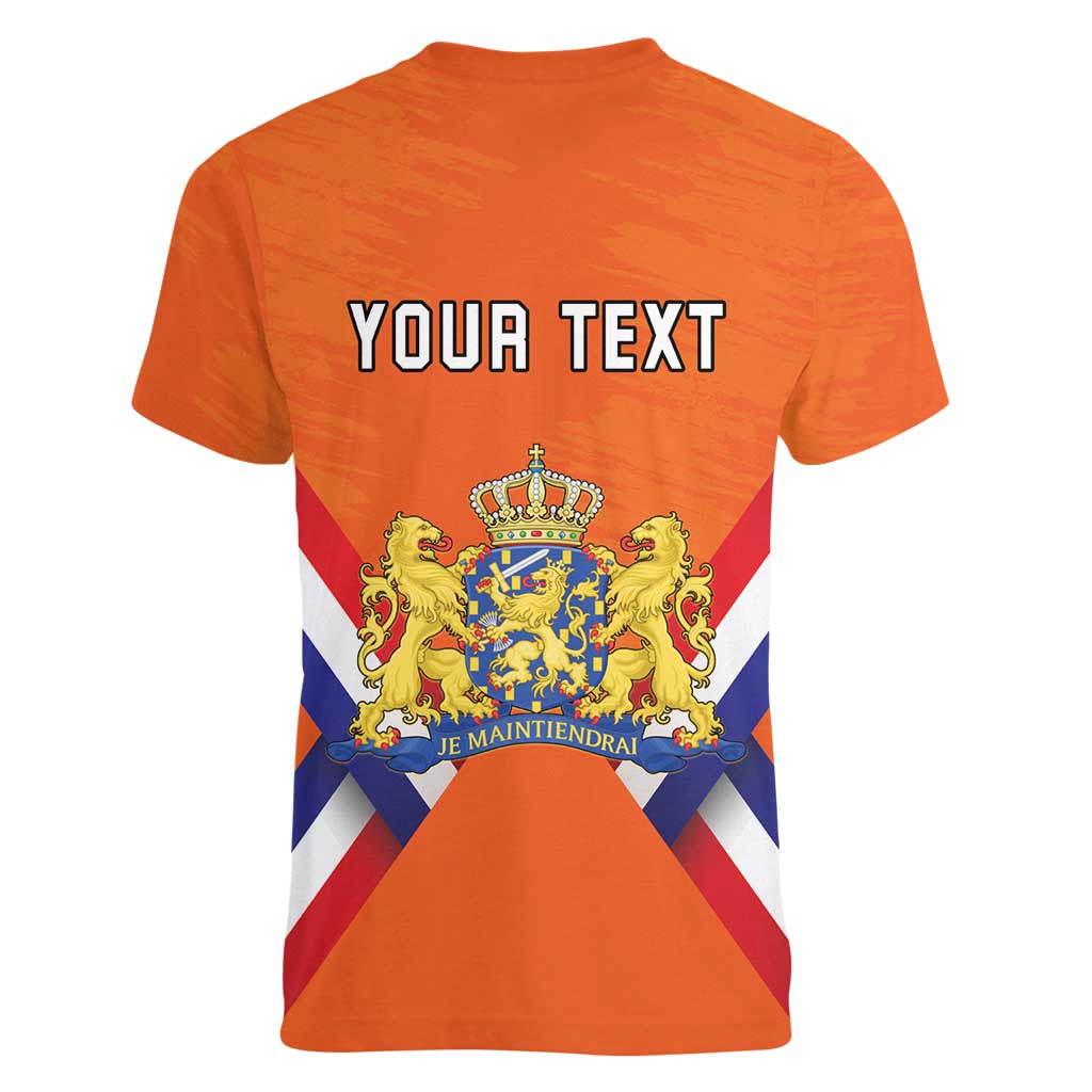 Personalized Netherlands King's Day Women V-Neck T-Shirt Koningsdag Lion King With Crown