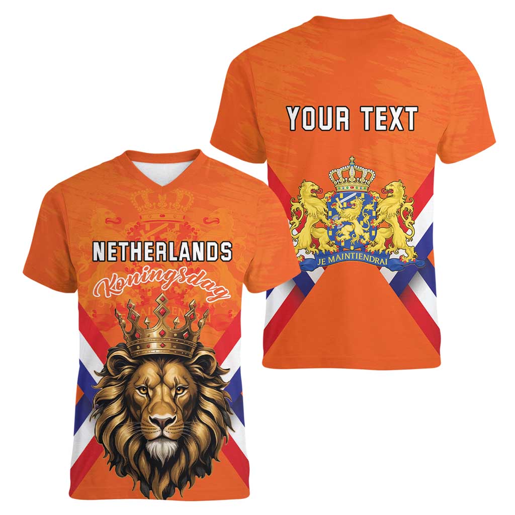 Personalized Netherlands King's Day Women V-Neck T-Shirt Koningsdag Lion King With Crown