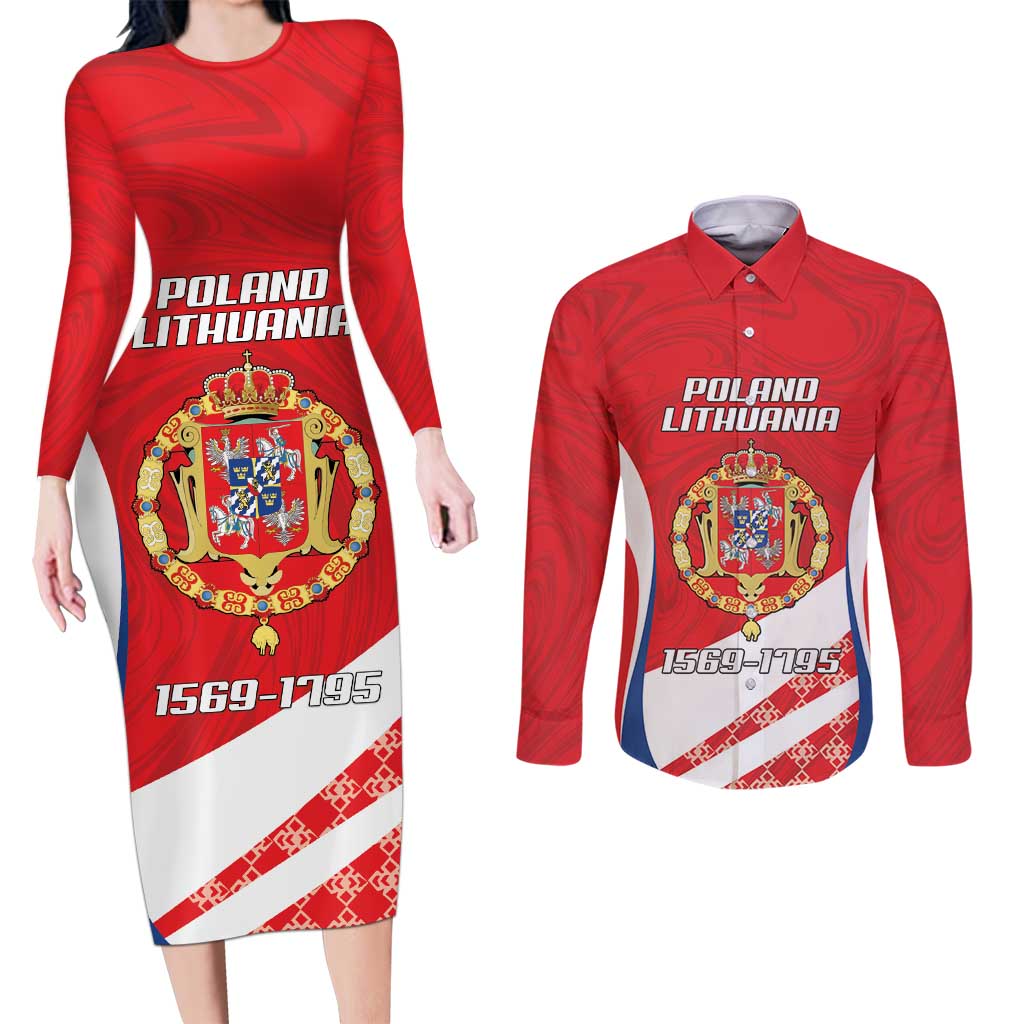 Poland-Lithuania Personalized Couples Matching Long Sleeve Bodycon Dress and Long Sleeve Button Shirt Heraldic Eagle and Vytis Historical
