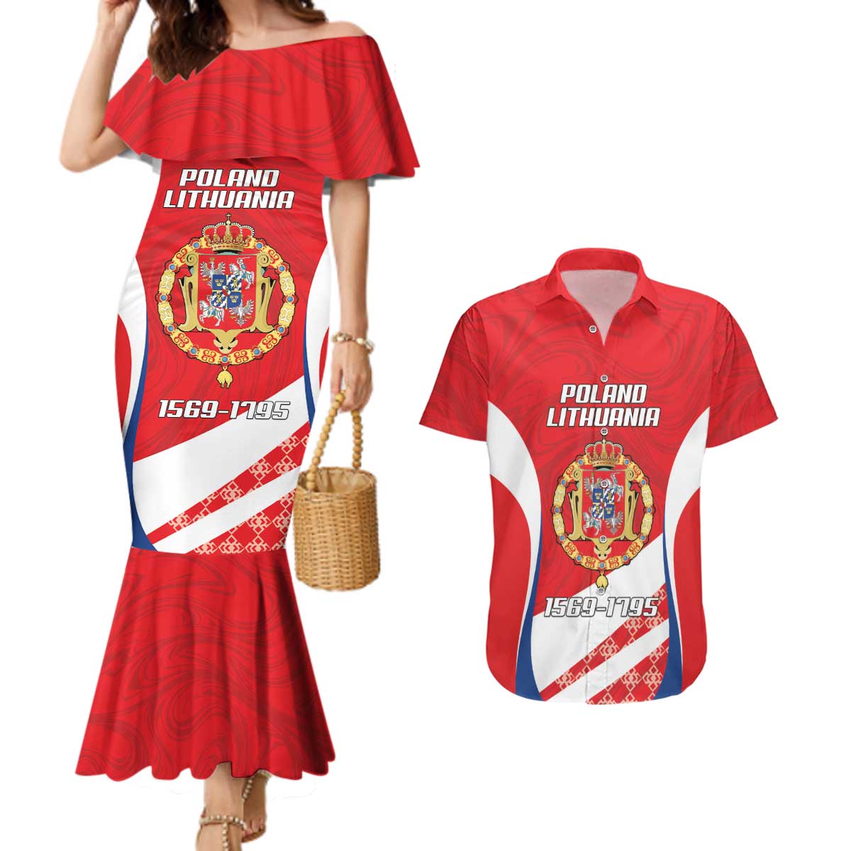 Poland-Lithuania Personalized Couples Matching Mermaid Dress and Hawaiian Shirt Heraldic Eagle and Vytis Historical