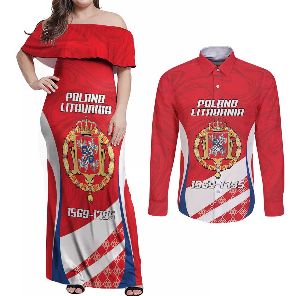Poland-Lithuania Personalized Couples Matching Off Shoulder Maxi Dress and Long Sleeve Button Shirt Heraldic Eagle and Vytis Historical