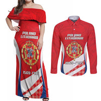 Poland-Lithuania Personalized Couples Matching Off Shoulder Maxi Dress and Long Sleeve Button Shirt Heraldic Eagle and Vytis Historical