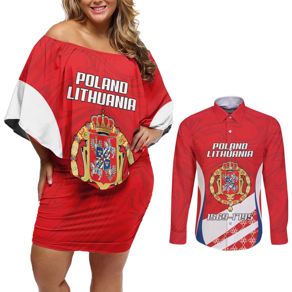Poland-Lithuania Personalized Couples Matching Off Shoulder Short Dress and Long Sleeve Button Shirt Heraldic Eagle and Vytis Historical