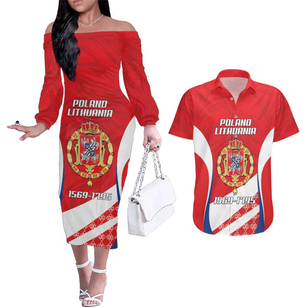 Poland-Lithuania Personalized Couples Matching Off The Shoulder Long Sleeve Dress and Hawaiian Shirt Heraldic Eagle and Vytis Historical