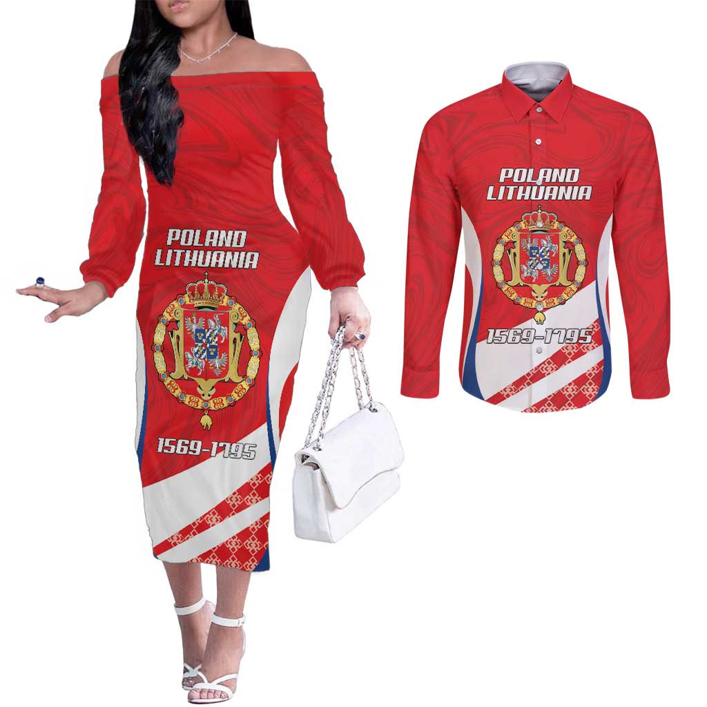 Poland-Lithuania Personalized Couples Matching Off The Shoulder Long Sleeve Dress and Long Sleeve Button Shirt Heraldic Eagle and Vytis Historical