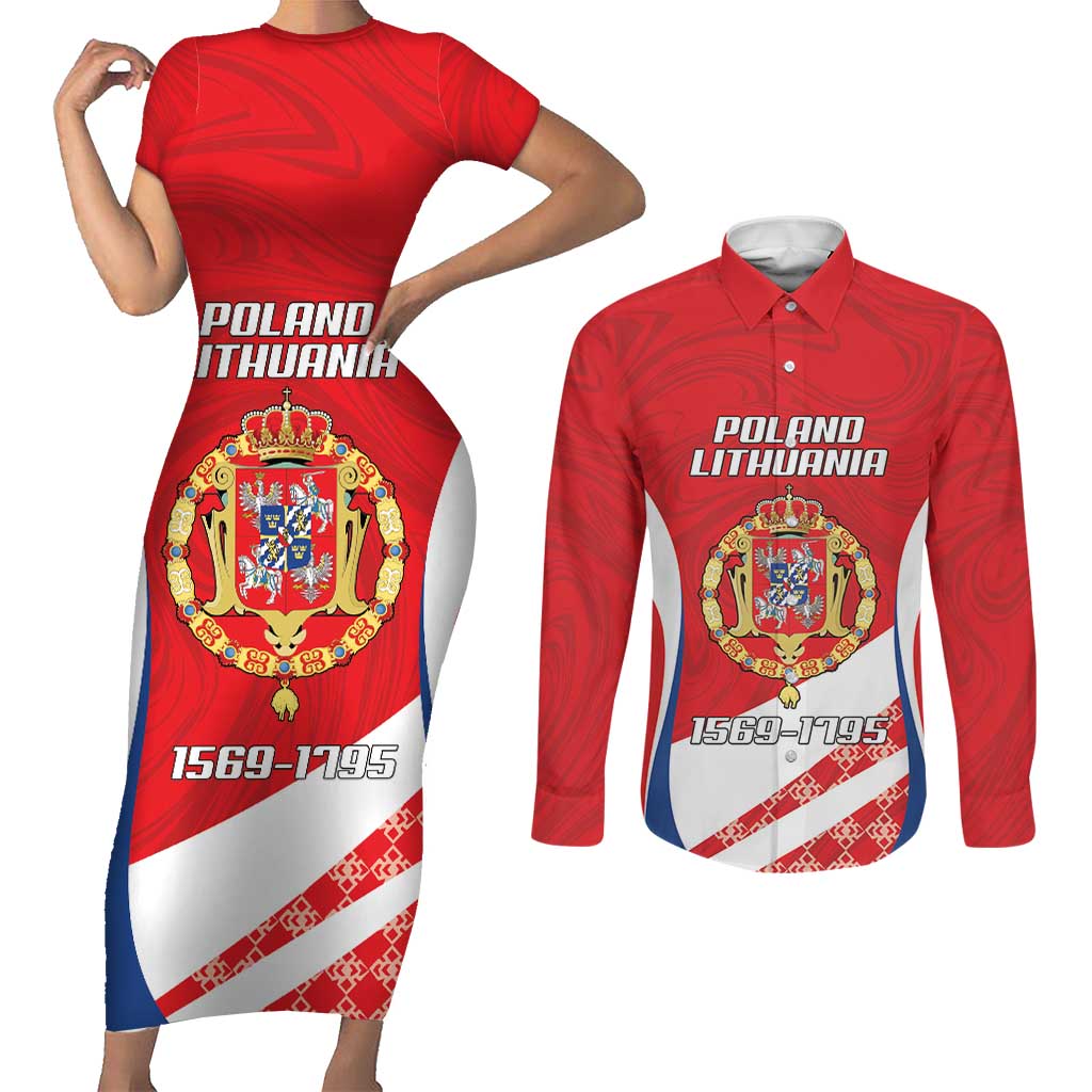 Poland-Lithuania Personalized Couples Matching Short Sleeve Bodycon Dress and Long Sleeve Button Shirt Heraldic Eagle and Vytis Historical