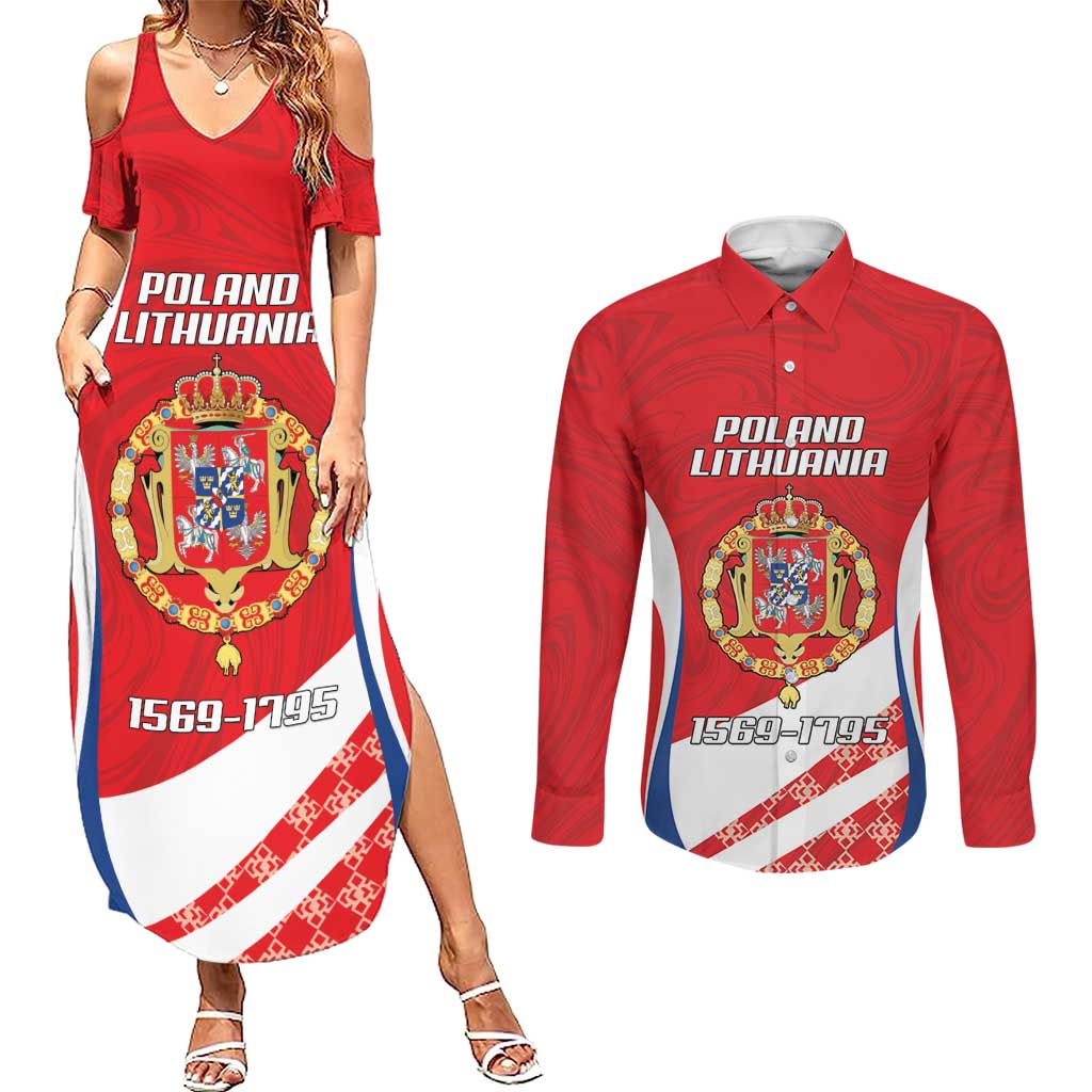 Poland-Lithuania Personalized Couples Matching Summer Maxi Dress and Long Sleeve Button Shirt Heraldic Eagle and Vytis Historical