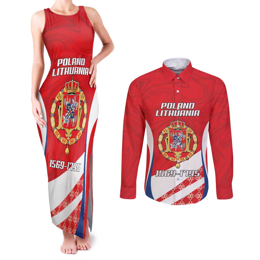 Poland-Lithuania Personalized Couples Matching Tank Maxi Dress and Long Sleeve Button Shirt Heraldic Eagle and Vytis Historical