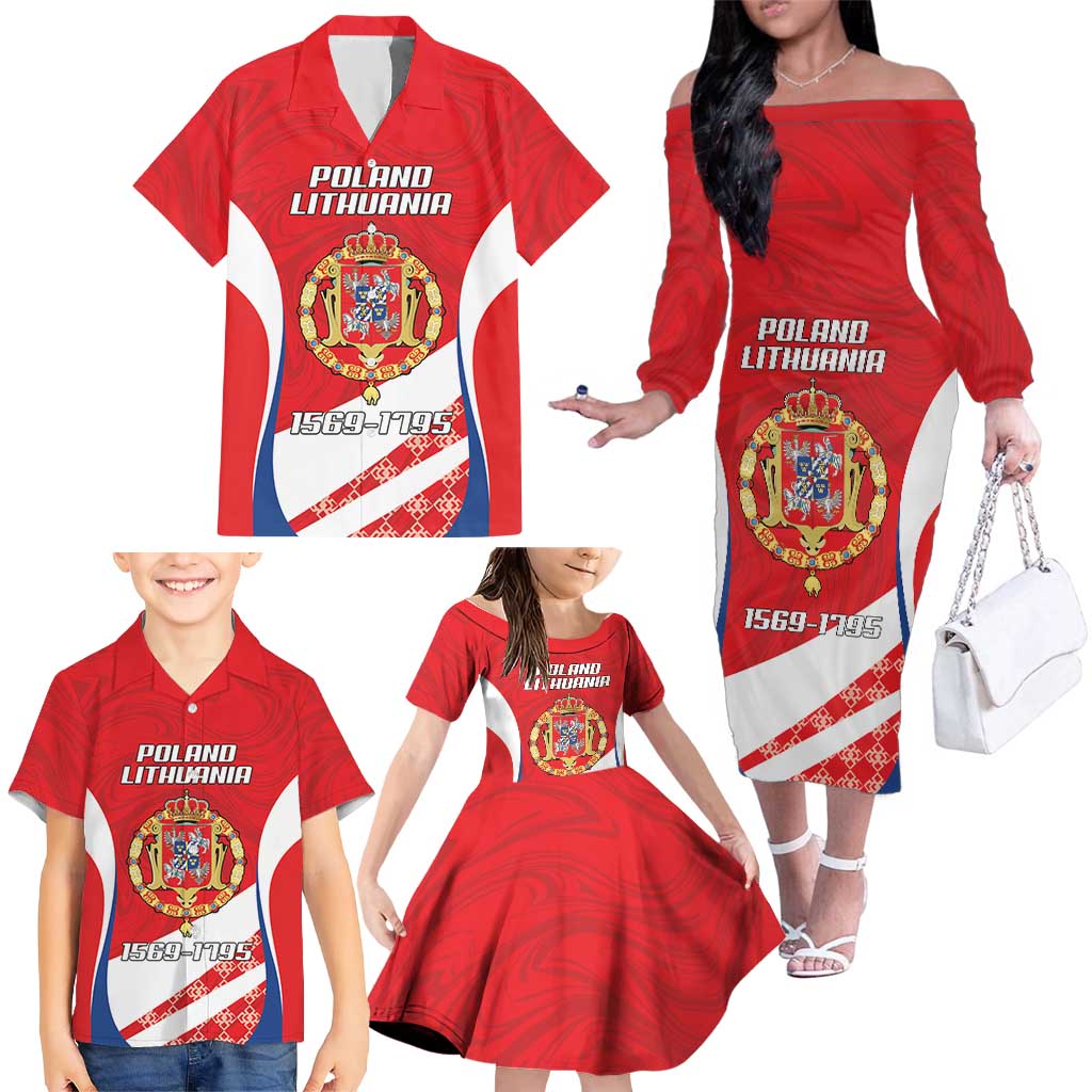 Poland-Lithuania Personalized Family Matching Off The Shoulder Long Sleeve Dress and Hawaiian Shirt Heraldic Eagle and Vytis Historical