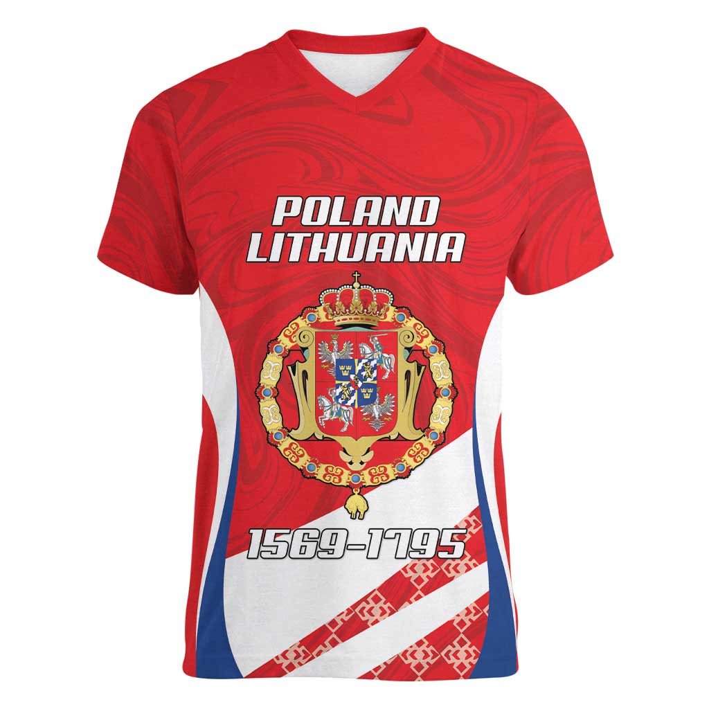 Poland-Lithuania Personalized Women V-Neck T-Shirt Heraldic Eagle and Vytis Historical