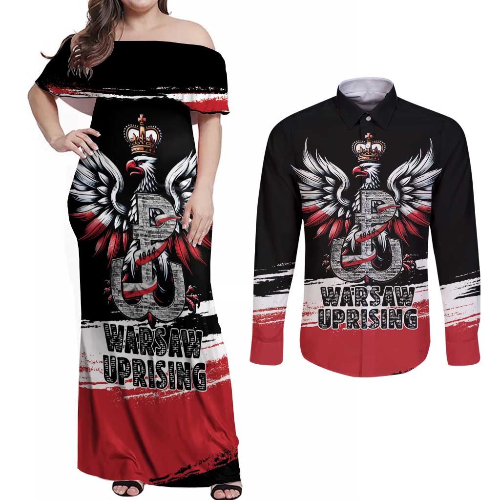 Warsaw Uprising 1944 Couples Matching Off Shoulder Maxi Dress and Long Sleeve Button Shirt Polska Walczy Kotwica