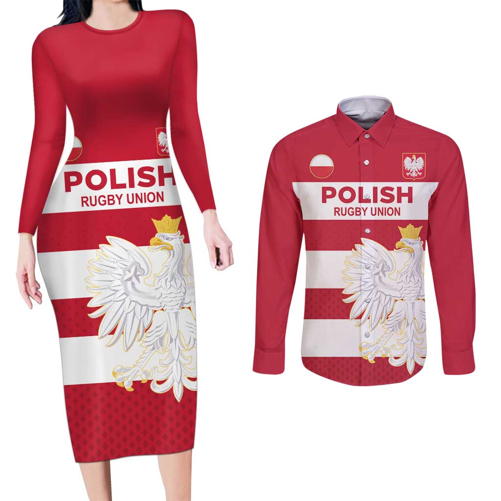 Custom Poland Rugby Couples Matching Long Sleeve Bodycon Dress and Long Sleeve Button Shirt Biało-czerwoni Go Champion