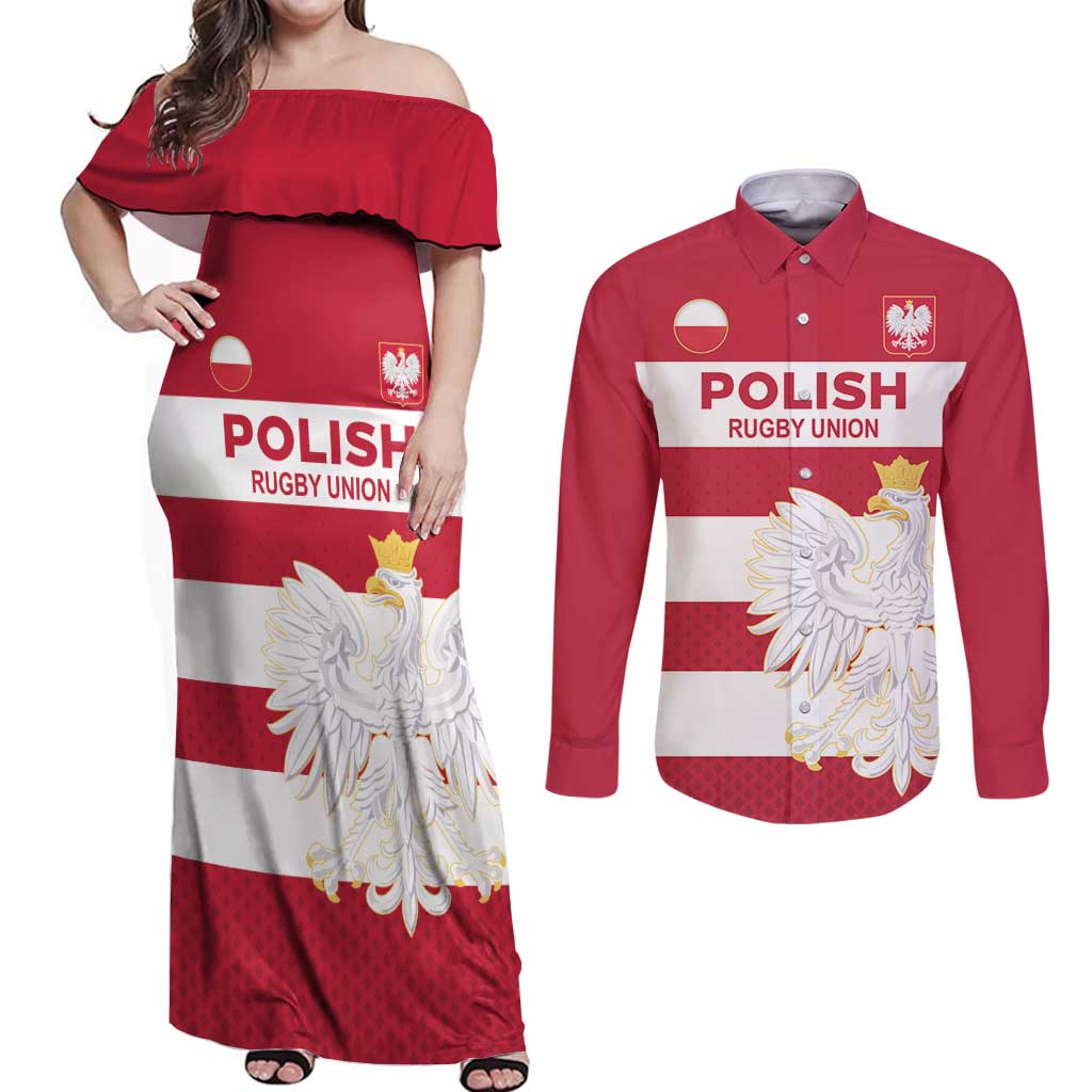 Custom Poland Rugby Couples Matching Off Shoulder Maxi Dress and Long Sleeve Button Shirt Biało-czerwoni Go Champion