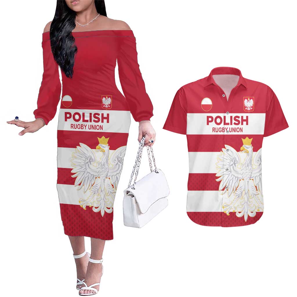 Custom Poland Rugby Couples Matching Off The Shoulder Long Sleeve Dress and Hawaiian Shirt Biało-czerwoni Go Champion
