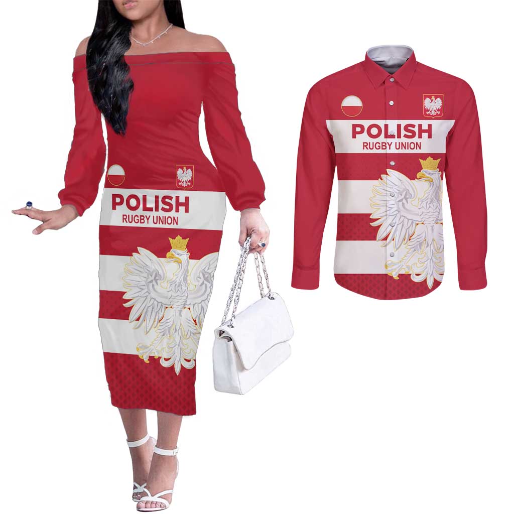 Custom Poland Rugby Couples Matching Off The Shoulder Long Sleeve Dress and Long Sleeve Button Shirt Biało-czerwoni Go Champion