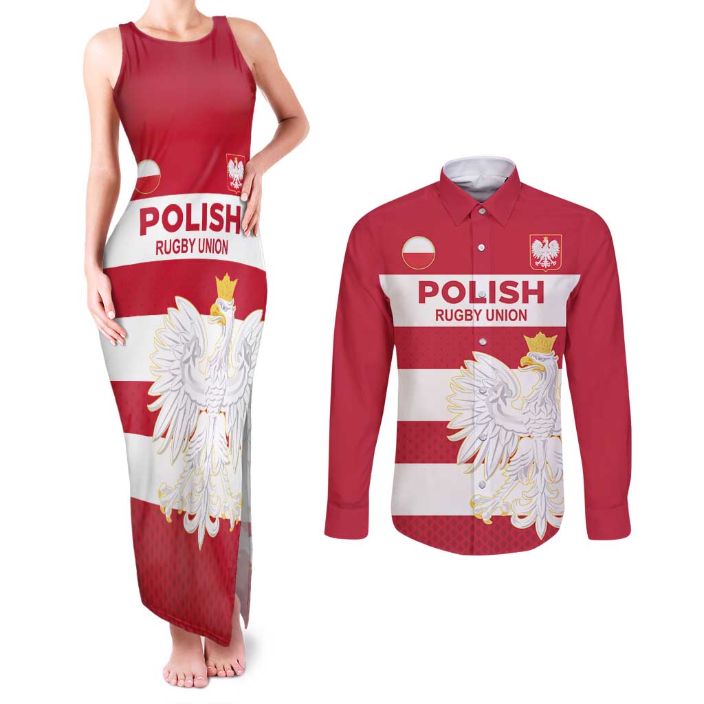Custom Poland Rugby Couples Matching Tank Maxi Dress and Long Sleeve Button Shirt Biało-czerwoni Go Champion