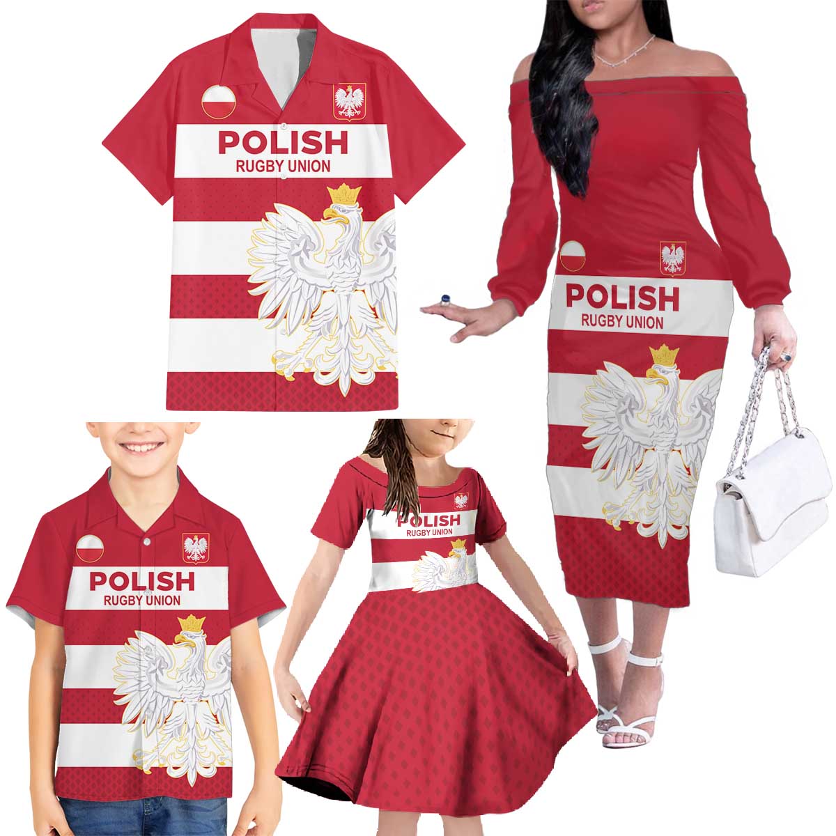 Custom Poland Rugby Family Matching Off The Shoulder Long Sleeve Dress and Hawaiian Shirt Biało-czerwoni Go Champion