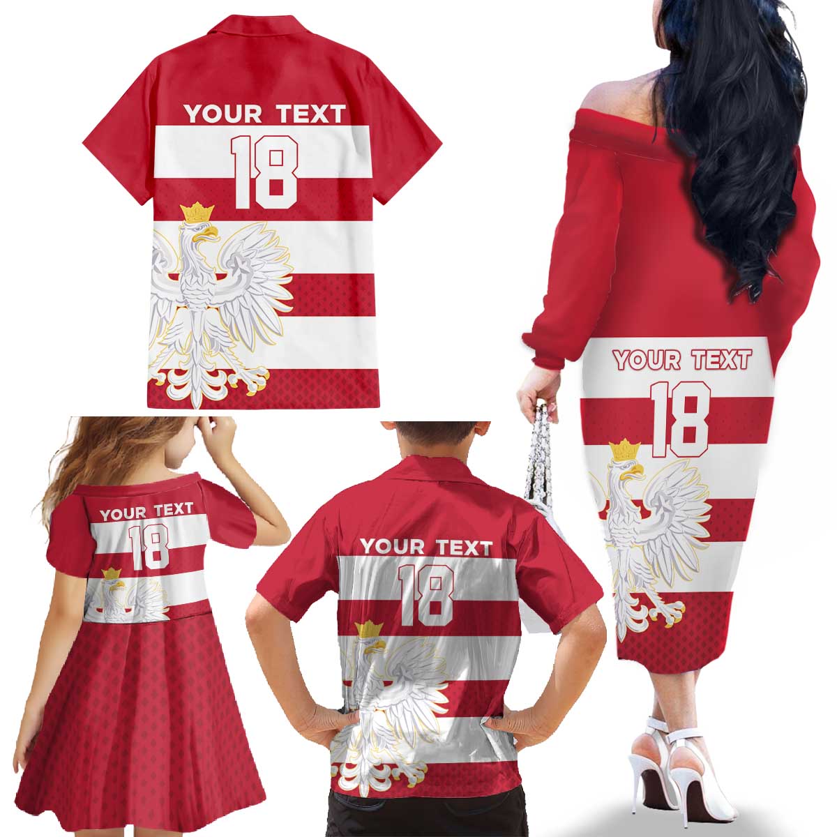 Custom Poland Rugby Family Matching Off The Shoulder Long Sleeve Dress and Hawaiian Shirt Biało-czerwoni Go Champion