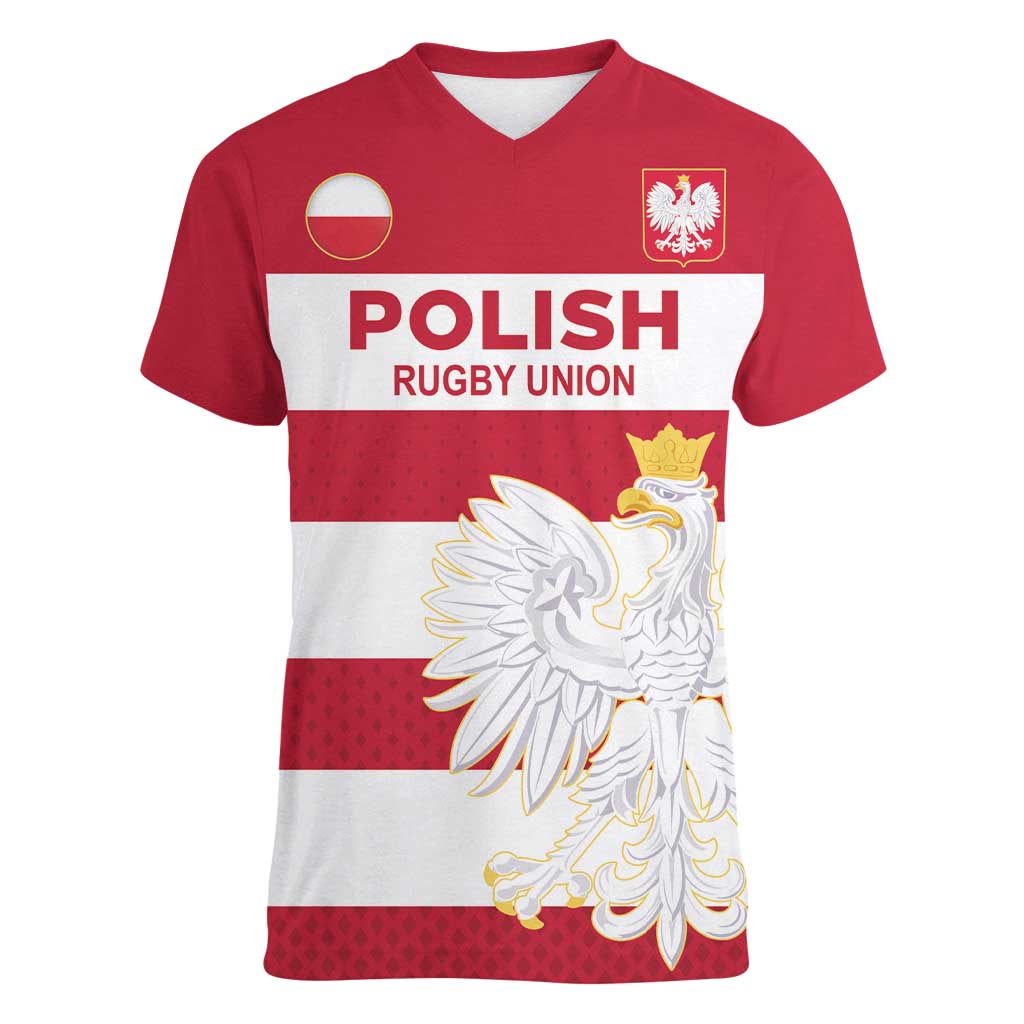 Custom Poland Rugby Women V-Neck T-Shirt Biało-czerwoni Go Champion