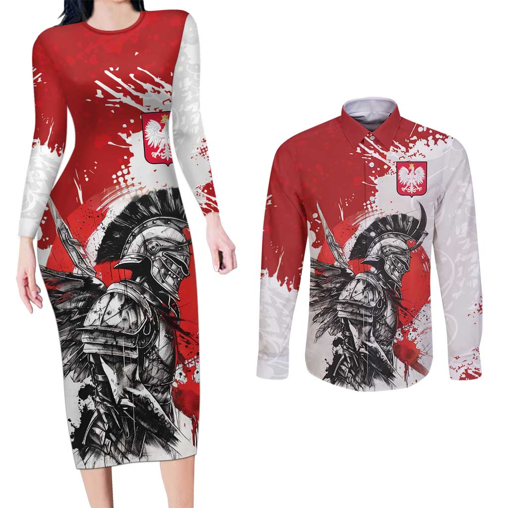 Polish Winged Hussar Couples Matching Long Sleeve Bodycon Dress and Long Sleeve Button Shirt Grunge Style