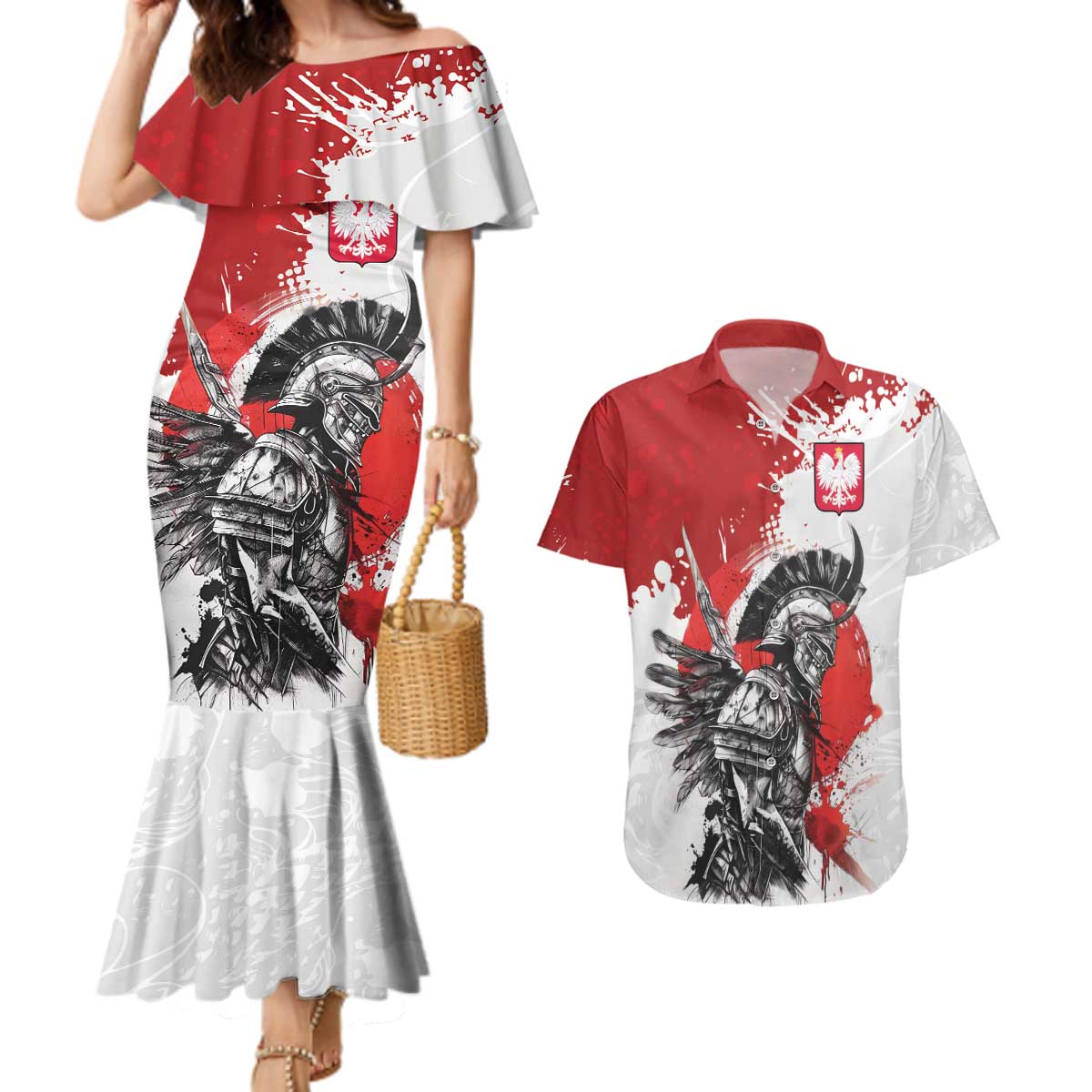 Polish Winged Hussar Couples Matching Mermaid Dress and Hawaiian Shirt Grunge Style