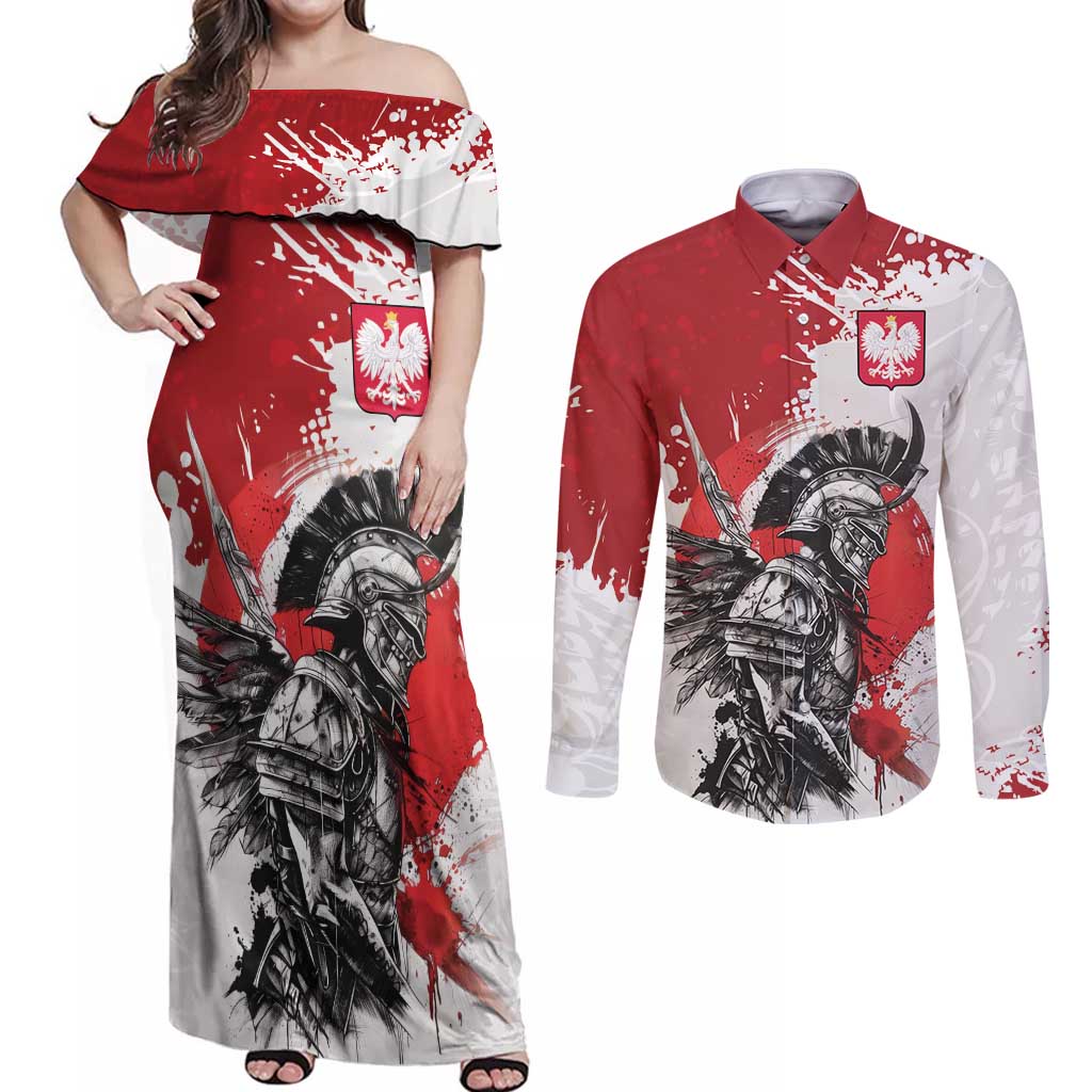 Polish Winged Hussar Couples Matching Off Shoulder Maxi Dress and Long Sleeve Button Shirt Grunge Style