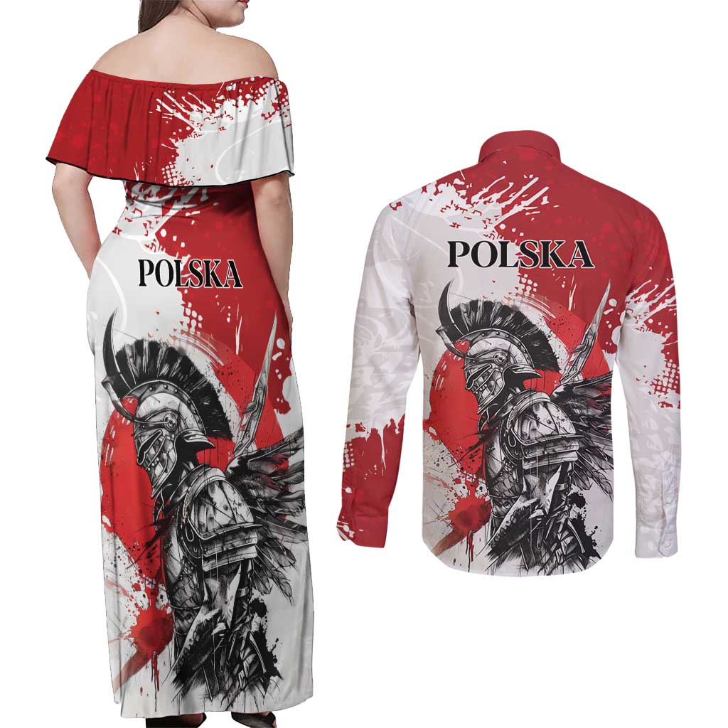 Polish Winged Hussar Couples Matching Off Shoulder Maxi Dress and Long Sleeve Button Shirt Grunge Style