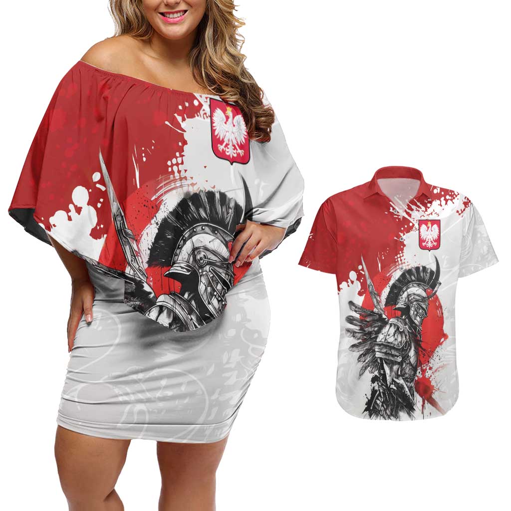 Polish Winged Hussar Couples Matching Off Shoulder Short Dress and Hawaiian Shirt Grunge Style