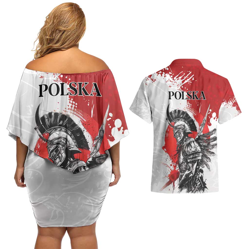 Polish Winged Hussar Couples Matching Off Shoulder Short Dress and Hawaiian Shirt Grunge Style