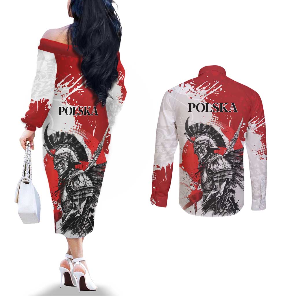 Polish Winged Hussar Couples Matching Off The Shoulder Long Sleeve Dress and Long Sleeve Button Shirt Grunge Style
