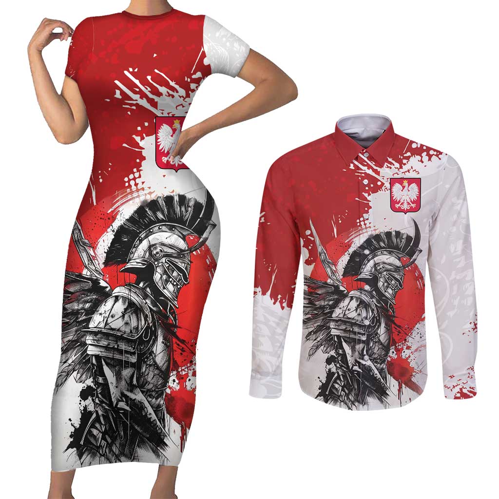 Polish Winged Hussar Couples Matching Short Sleeve Bodycon Dress and Long Sleeve Button Shirt Grunge Style