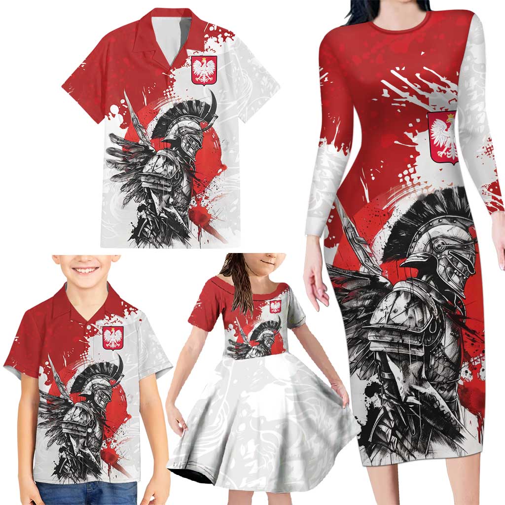 Polish Winged Hussar Family Matching Long Sleeve Bodycon Dress and Hawaiian Shirt Grunge Style