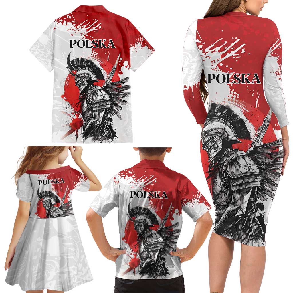 Polish Winged Hussar Family Matching Long Sleeve Bodycon Dress and Hawaiian Shirt Grunge Style
