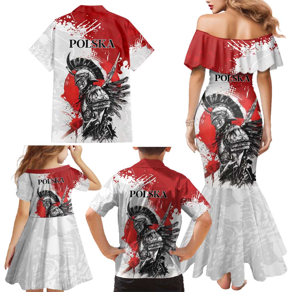 Polish Winged Hussar Family Matching Mermaid Dress and Hawaiian Shirt Grunge Style