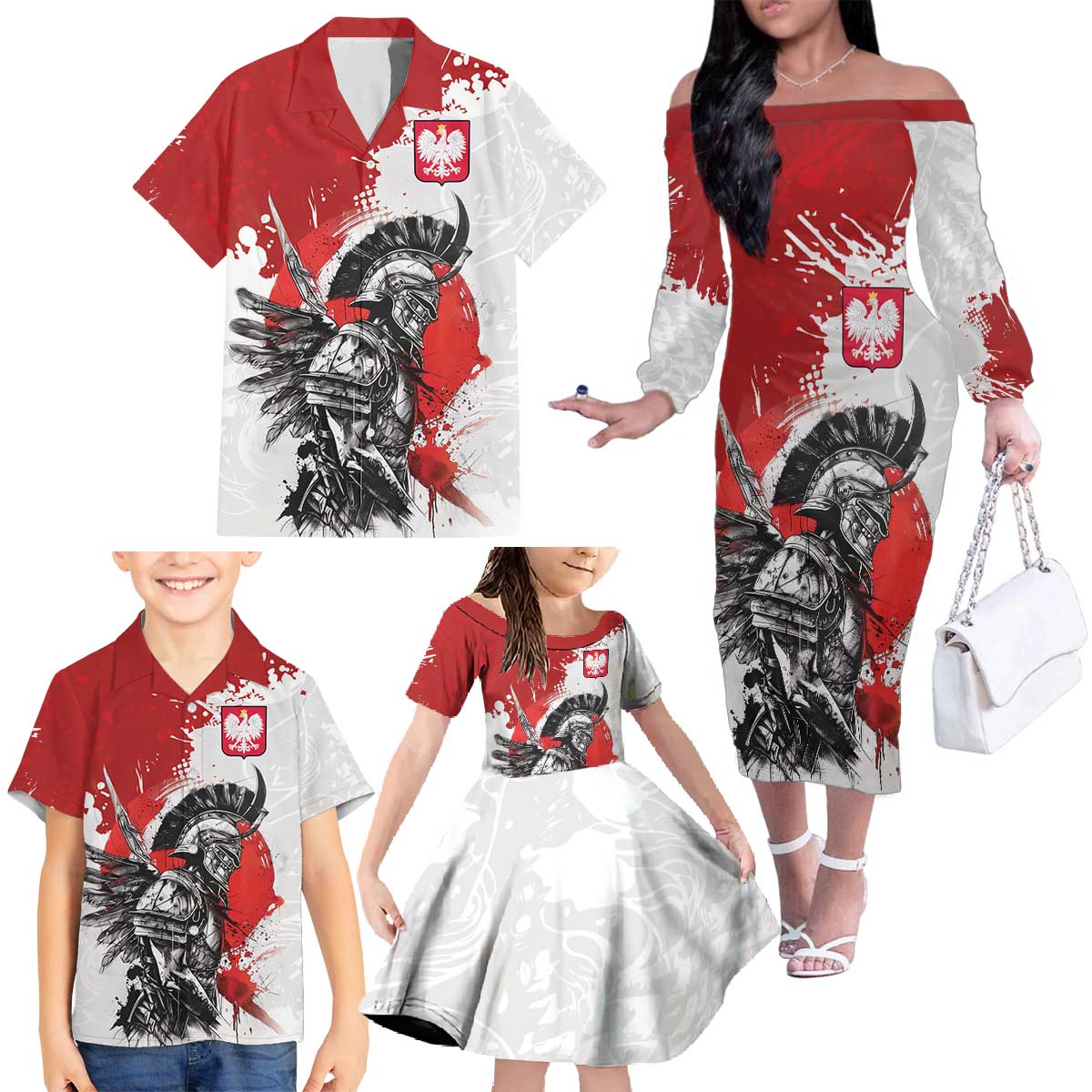 Polish Winged Hussar Family Matching Off The Shoulder Long Sleeve Dress and Hawaiian Shirt Grunge Style