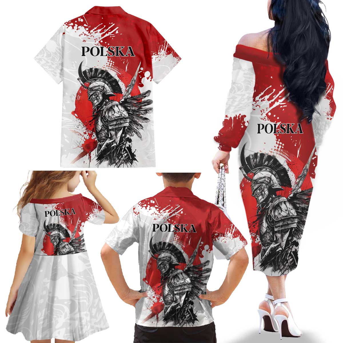 Polish Winged Hussar Family Matching Off The Shoulder Long Sleeve Dress and Hawaiian Shirt Grunge Style